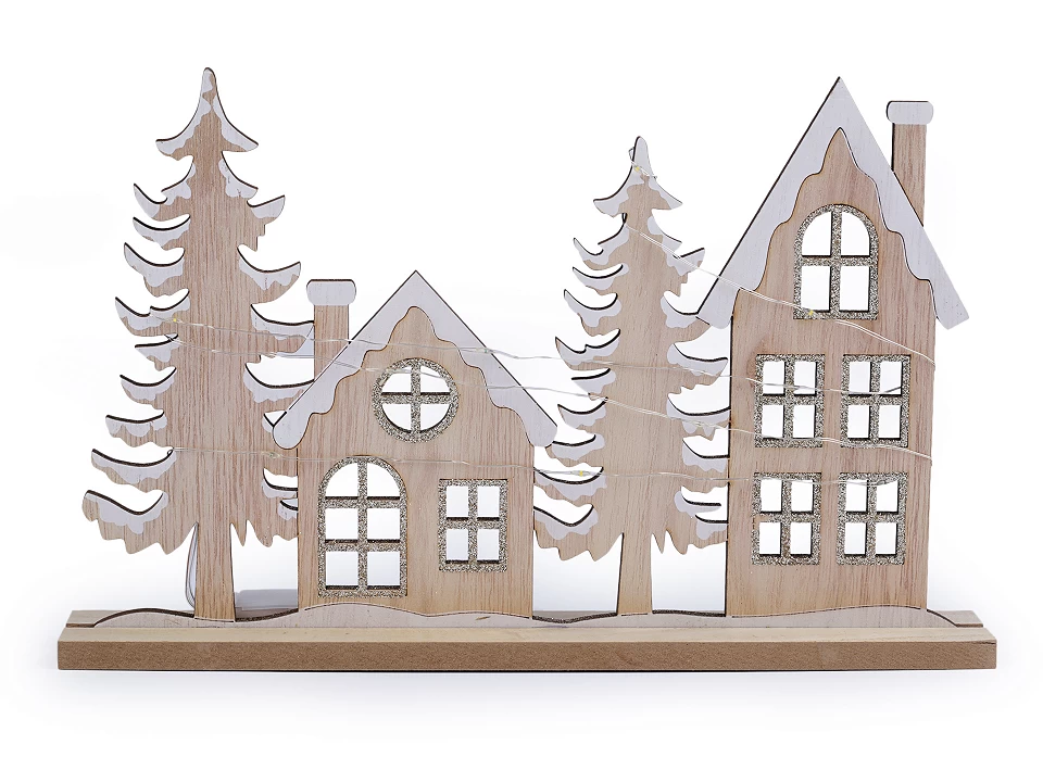 Drevená dekorácia zimné domčeky svietiace LED - 1 ks