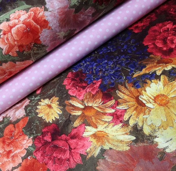 KVETINOVÝ MIX NA DEKORAČNEJ LÁTKE- posledny kus 25 cm !