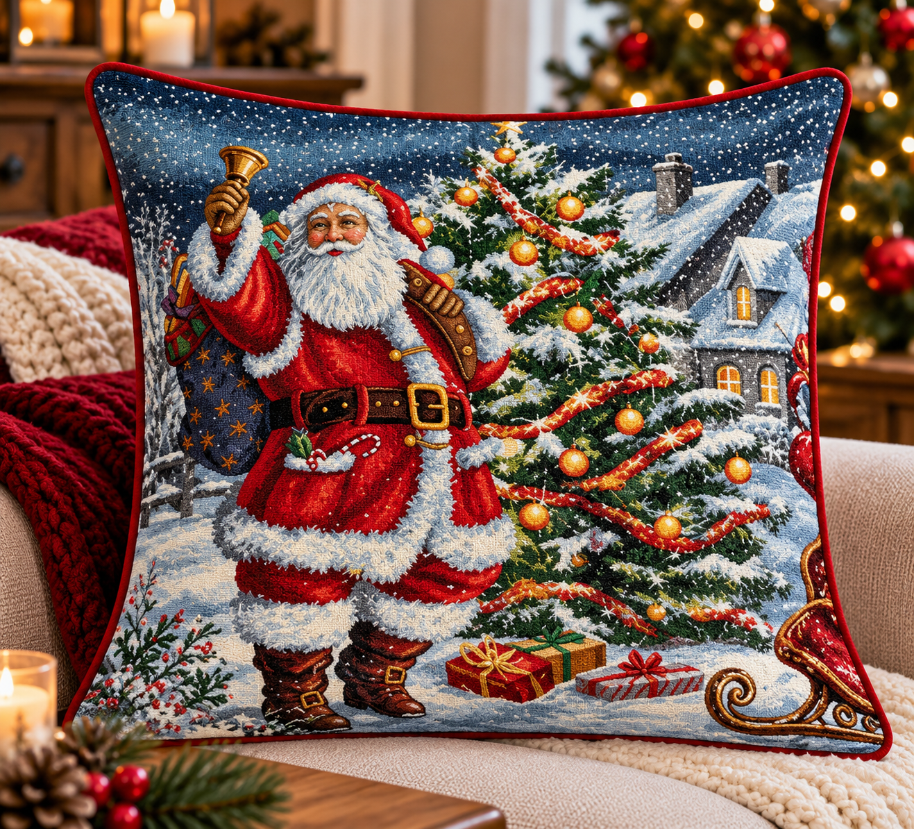 VIANOČNÝ GOBELÍNOVÝ PANEL NA VANKÚŠE- SANTA SO ZVONČEKOM