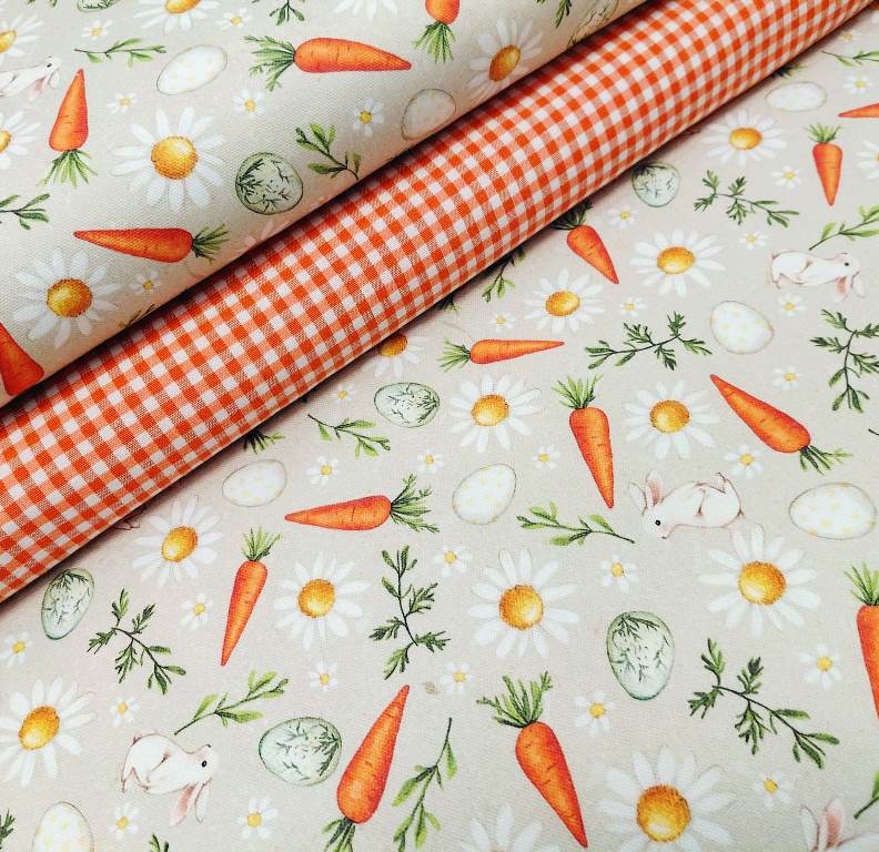 VEĽKONOČNÁ DEKORAČNÁ LÁTKA- MRKVIČKY A MARGARÉTKY