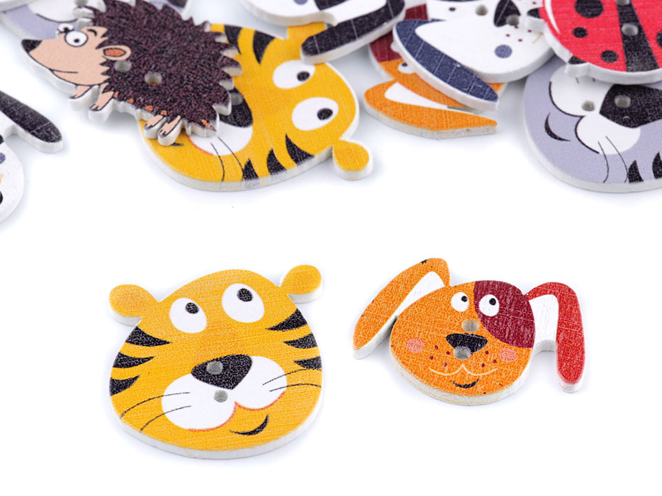 Drevený dekoračný gombík zvieratká - pes, ježko, lienka, tiger - 10ks