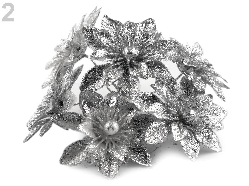 Vianočný kvet na drôtiku s glitrami - 6 ks