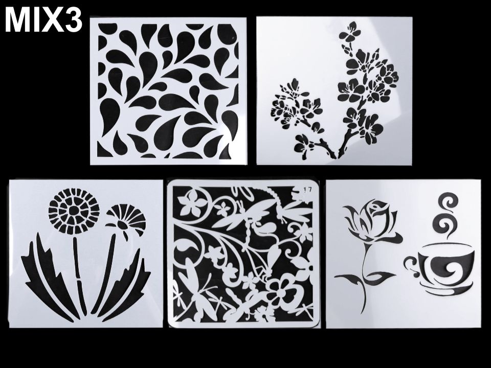 Plastová šablóna kvety, ornamenty 13x13 cm - 5 ks