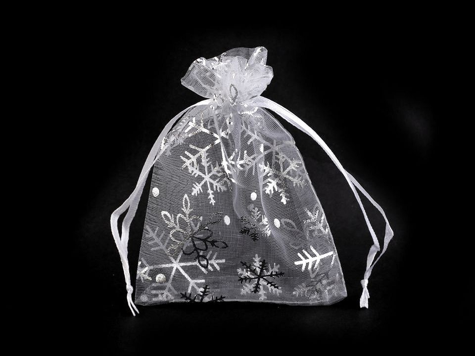 Vianočné darčekové vrecúško 9x12 cm organza s vločkami - 1 ks