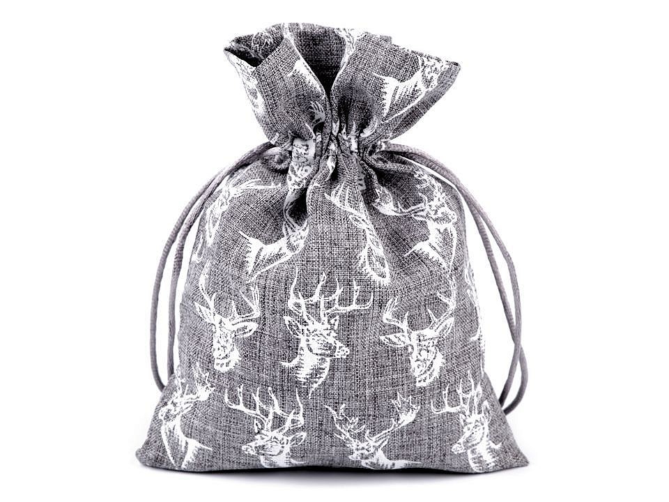 Vianočné darčekové vrecúško jeleň s glitrami 13x18 cm imitácia juty - 1 ks
