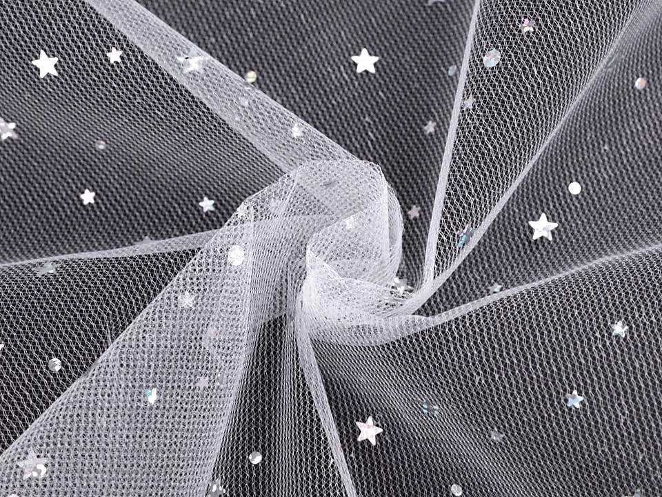 Odevný / dekoračný tyl s hviezdičkami s hologramom - 1 m