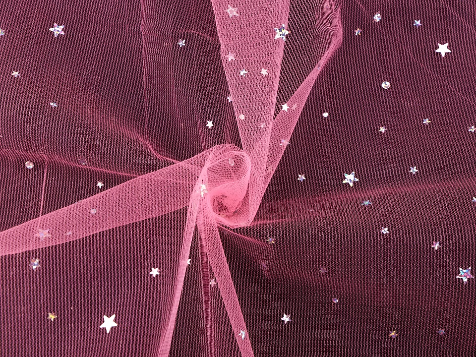 Odevný / dekoračný tyl s hviezdičkami s hologramom - 1 m