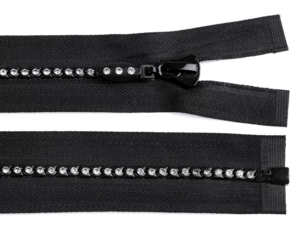 Kostený zips šírka 4 mm dĺžka 40 cm so štrasovými kamienkami -1ks